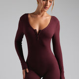 Button Up Micro-Ribbed Romper - Black Cherry