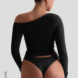 The Ruched Asymmetrical Long Sleeve Top - Black