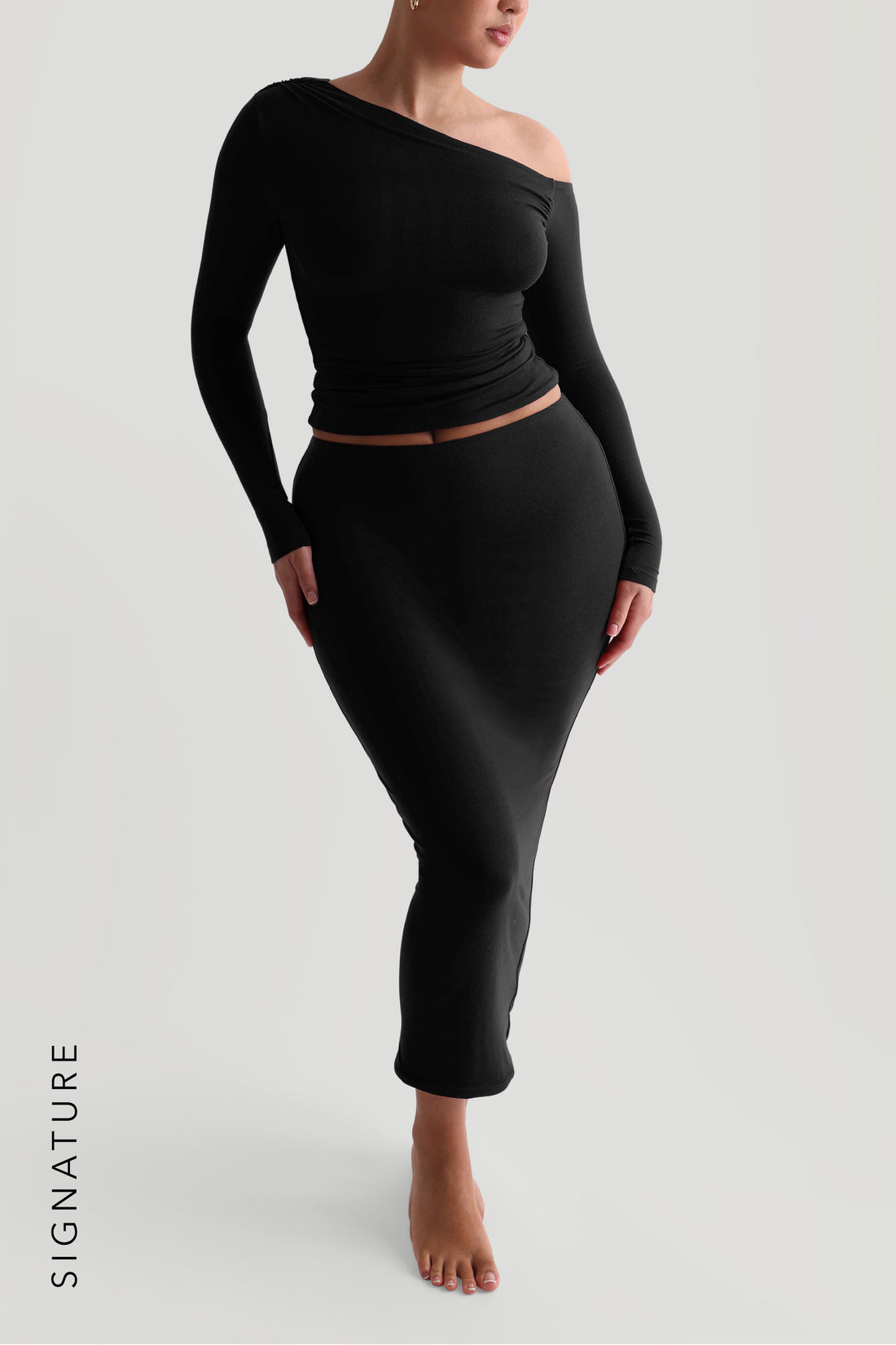 The Ruched Asymmetrical Long Sleeve Top - Black