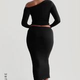 The Ruched Asymmetrical Long Sleeve Top - Black