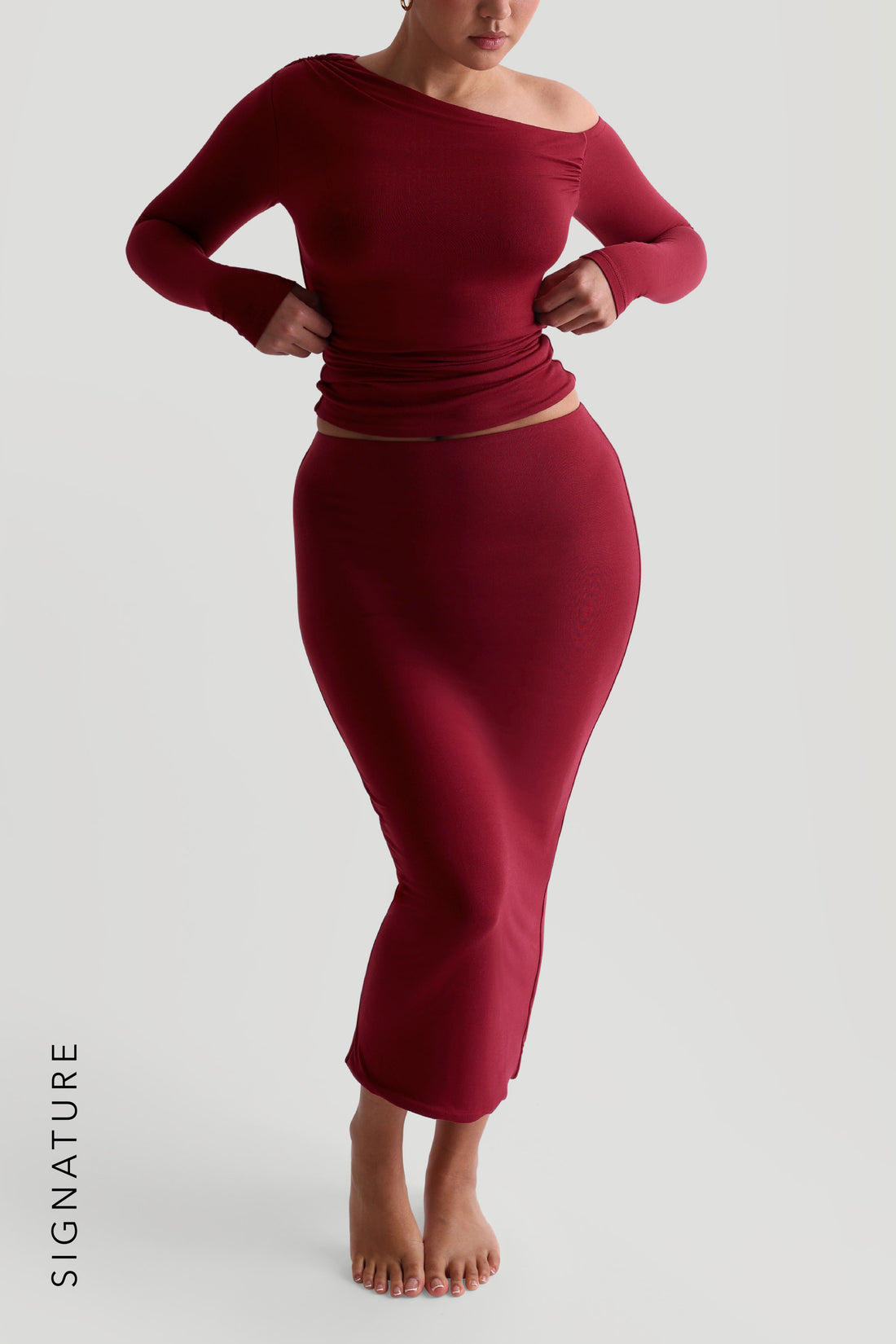 The Ruched Asymmetrical Long Sleeve Top - Wine