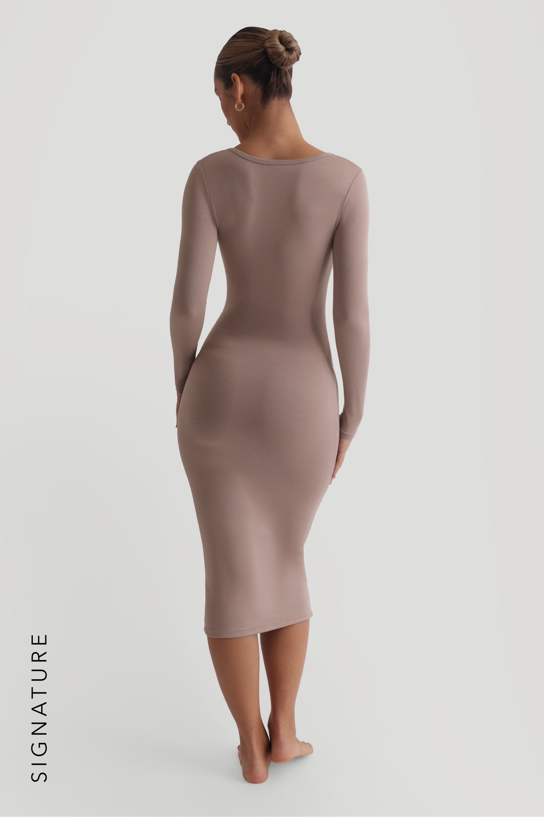 V-Shape Long Sleeve Midi Dress - Warm Mocha