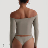 Off The Shoulder Banded Long Sleeve T-Shirt - Quiet Sage