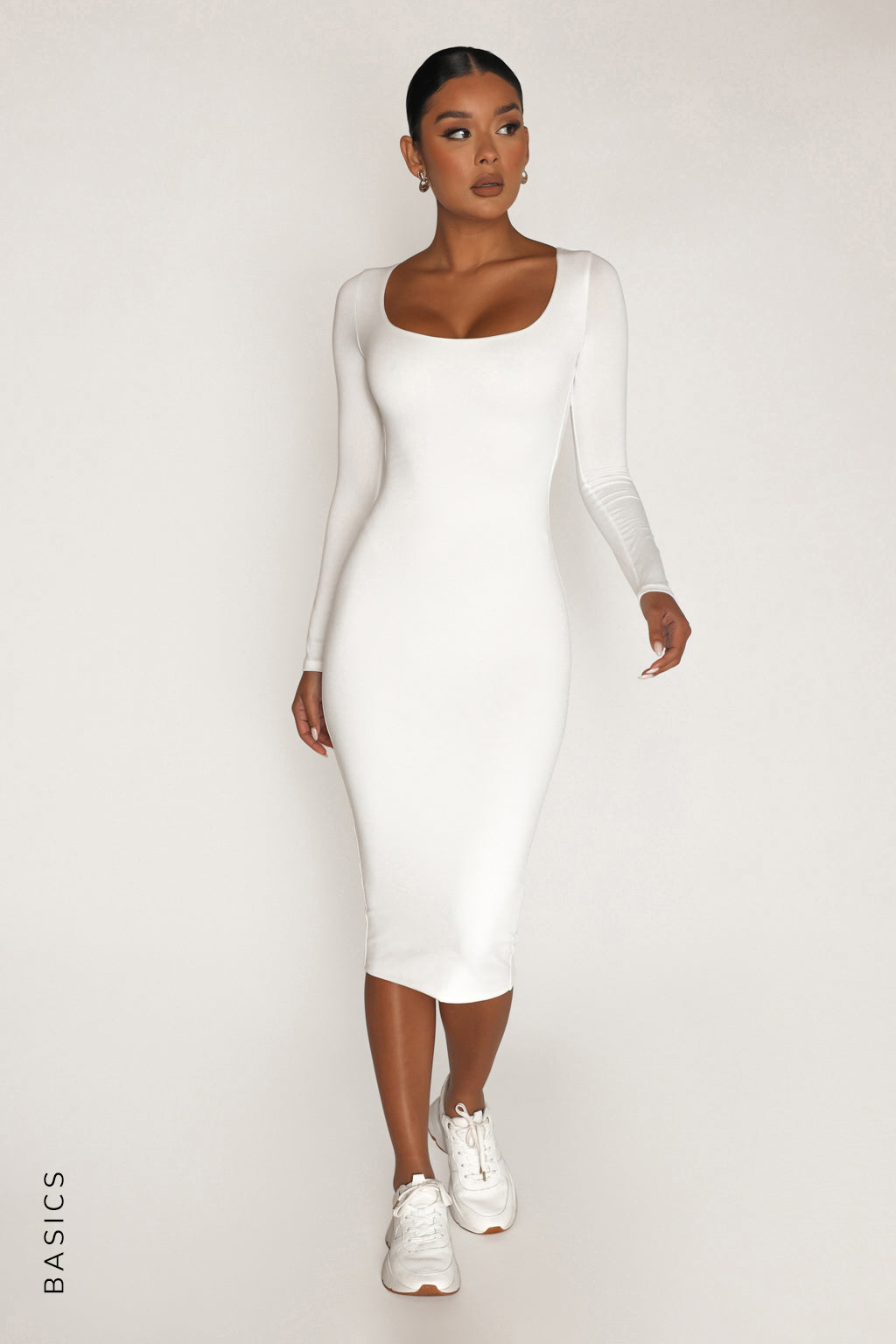 Round Neck Long Sleeve Midi Dress - White