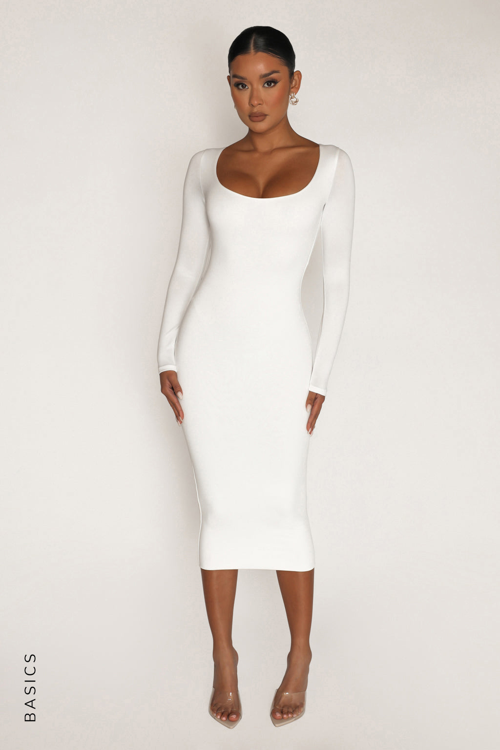 Round Neck Long Sleeve Midi Dress - White
