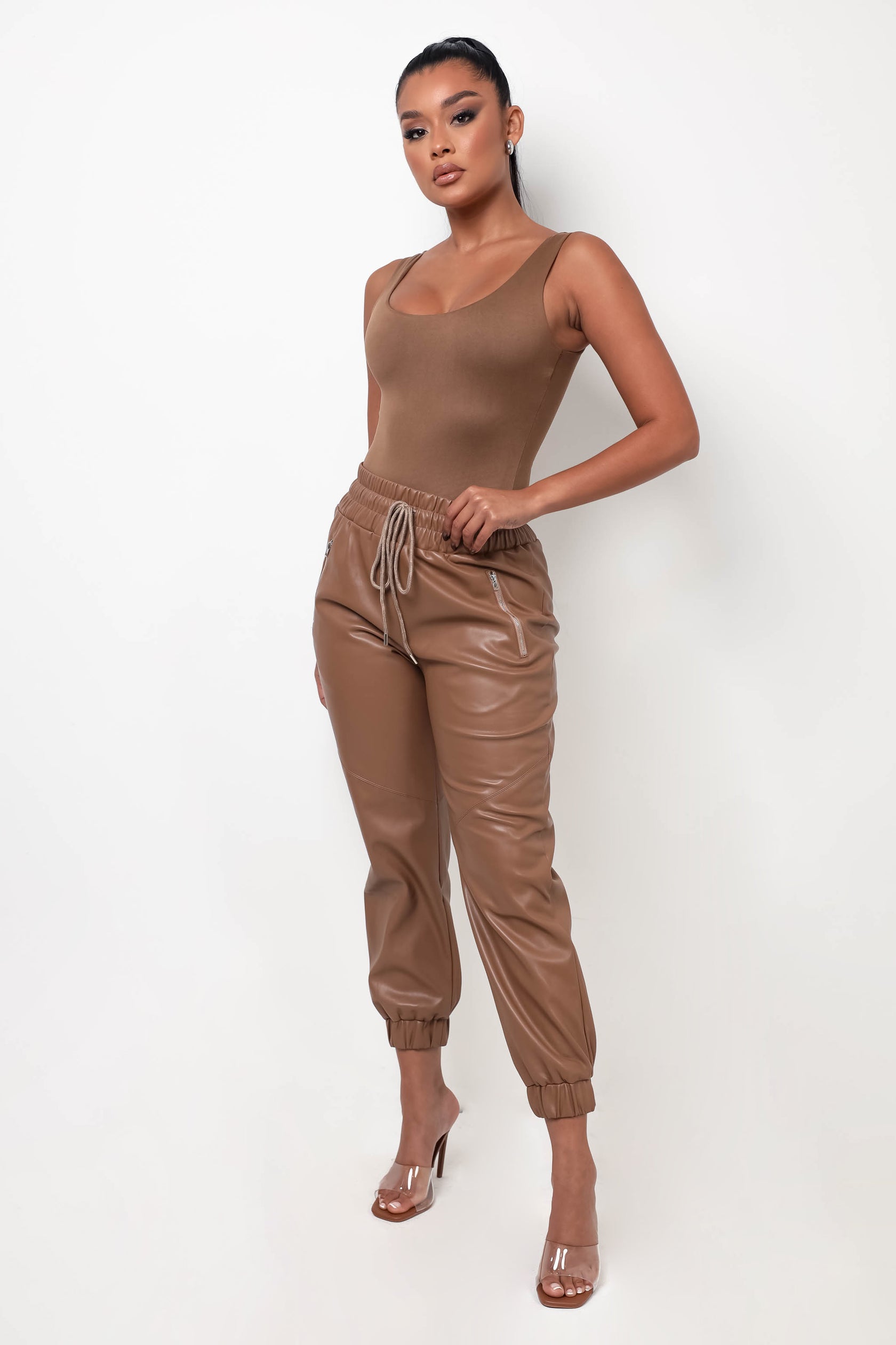 Vegan Leather Joggers Light Brown My Outfit Online