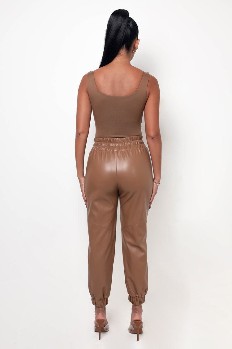 Vegan Leather Joggers Light Brown My Outfit Online