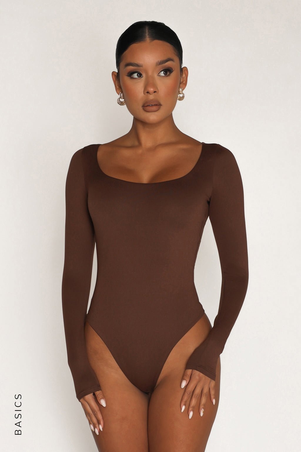 Round Neck Long Sleeve Bodysuit - Brown