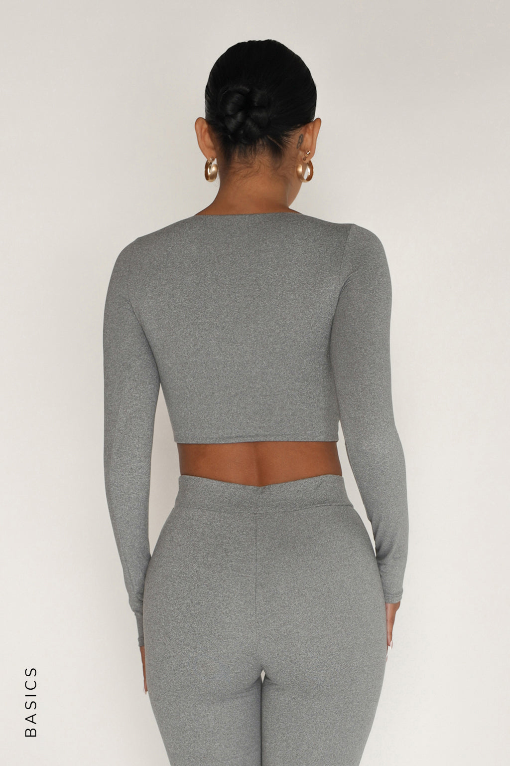 Round Neck Long Sleeve Crop Top - Stone Gray