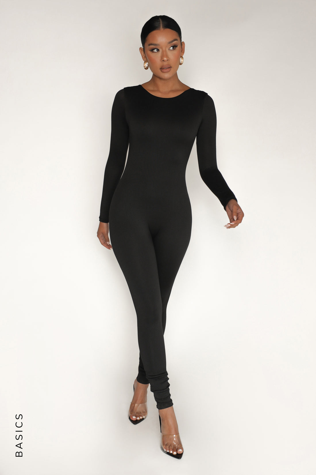Black Skinny Hooded Jumpsuit For Women Long Sleeve Backless