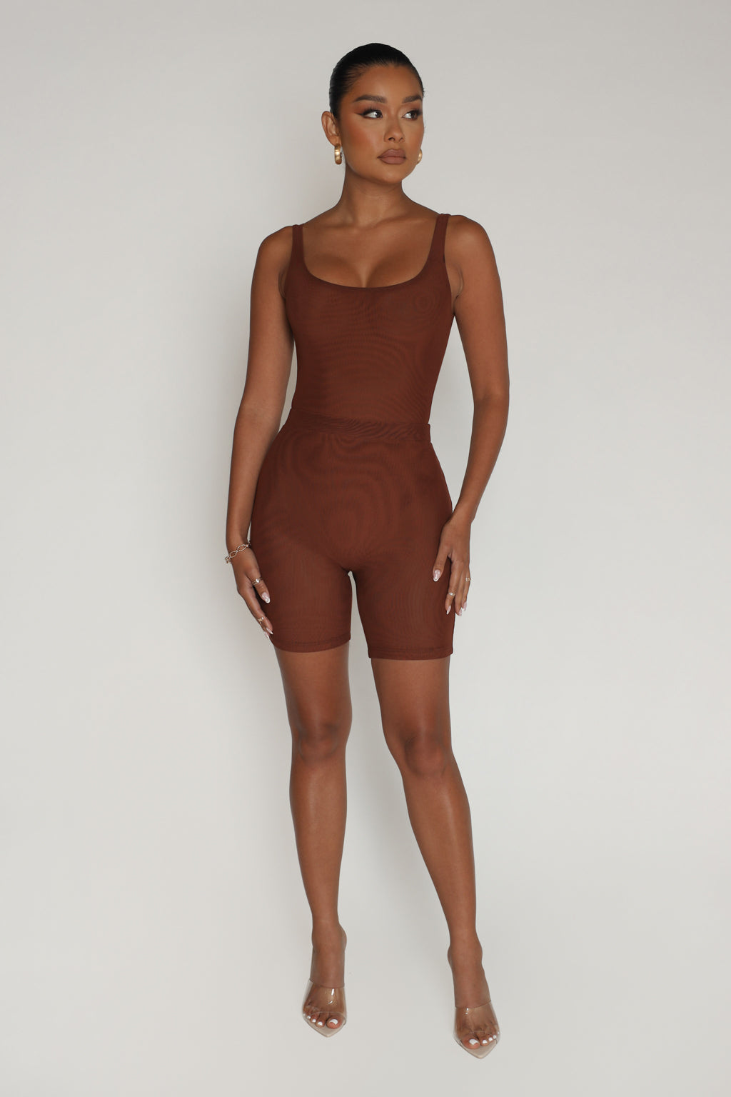 Just High Waisted Mesh Shorts - Brown